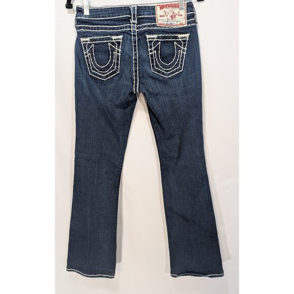 True Religion Big T Low Rise Bootcut Jeans 26‎ Made USA Blue Contrast Stitch - Picture 2 of 8